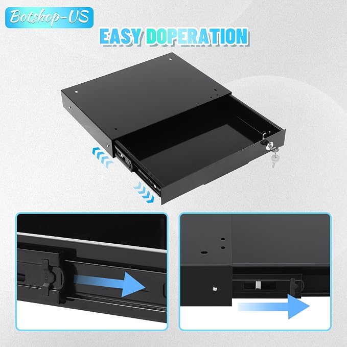 14" Under Desk Mounted Sliding Pull-out Drawer Organizer for Office - Lockable, Sit Stand Workstation, Black