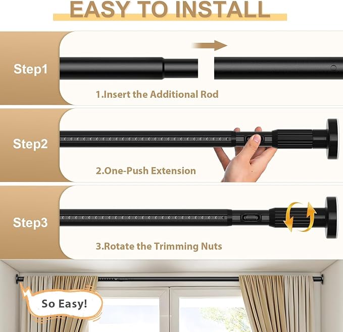 Black Tension Curtain Rod 41-118In(4-9Ft),Outdoor Curtain Rod No Drilling for Window or Patio,Heavy DutyShower Rodfor Bathroom,Rod Diameter 1.26In-One-bond stretching