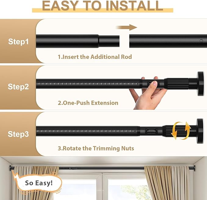 Black Tension Curtain Rod 41-166In(4-14Ft),Extra Long Outdoor Curtain Rod No Drilling for Window or Bathroom Patio(2Pack)