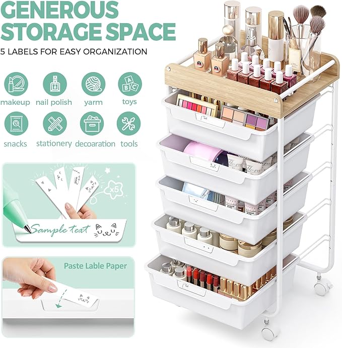 Utility Cart with Drawers,Craft Cart with 5 Drawers,Art Supply Organizer,Rolling Drawer Cart,Craft Storage Cart,Storage Drawer Carts With DIY Lable and Wooden Tabletop Area,White