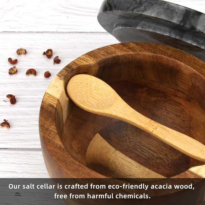 Wooden Salt Cellar Box with Marble Lid & Spoon, Modern Black Stone Salt or Pepper Sugar Spice Seasoning Bowl Container Jar Holder Well Keeper Dish Pig Crock for Kitchen