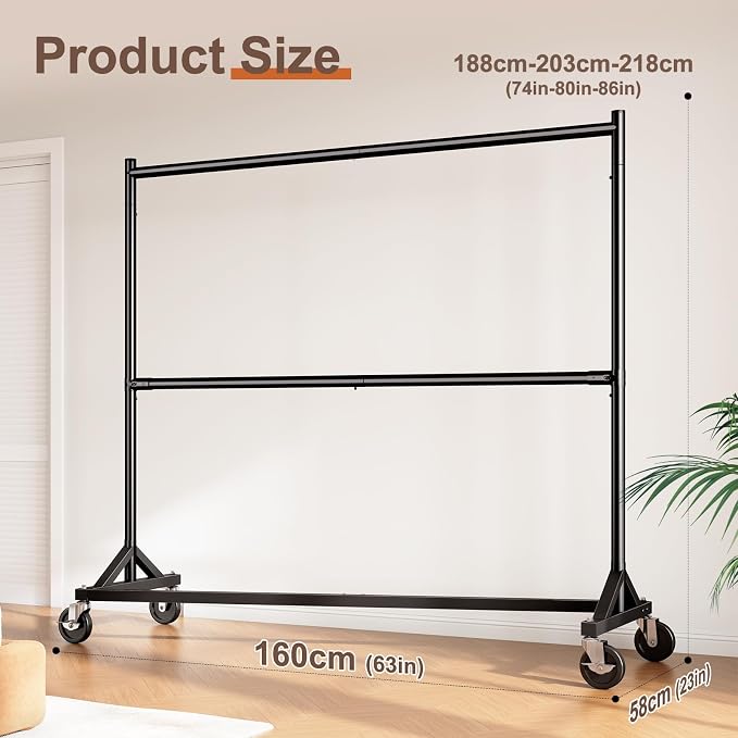 HOKEEPER Z Rack for Clothing Heavy Duty Clothes Rack Hold 550 LBS Commercial Garment Rack with Wheels Rolling Portable Z Base Rack for Bedroom, Laundry Room, Black, 22.8"D x 62.6"W x 87.8"H, 2 Packs