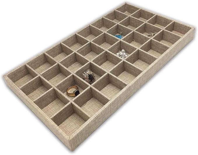 The Display Guys - Stackable Jewelry Tray and Organizer - for Drawers, Dressers, Store Display (32 Compartments, Beige Burlap)