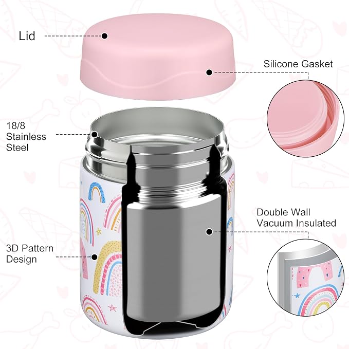 wiwens 12oz Soup Thermo for Hot Food Kids Insulated Food Jar Wide Mouth Lunch Container Leak Proof Stainless Steel Vacuum Bento Box for School Office Travel Outdoors White-Rainbow