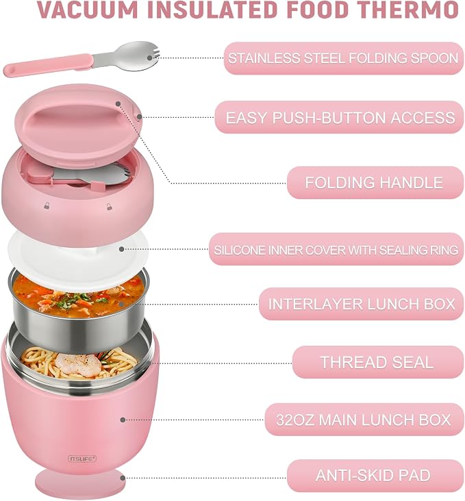 Thermo Food Jar for Hot Food Adults 32OZ Soup Thermo Lunch Containers Wide Mouth Vacuum Insulated Stainless Steel Leakproof Bento Box with Spoon (NEW-PINK)