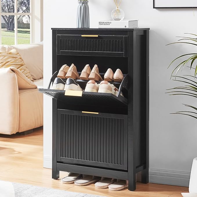 2 Flip Drawers Shoe Cabinet Storage for Entryway, Narrow Hidden Shoes Organizer for Front Door Entrance, Free Standing Shoes Cabinet Wooden Hallway Shoe Rack(Black)