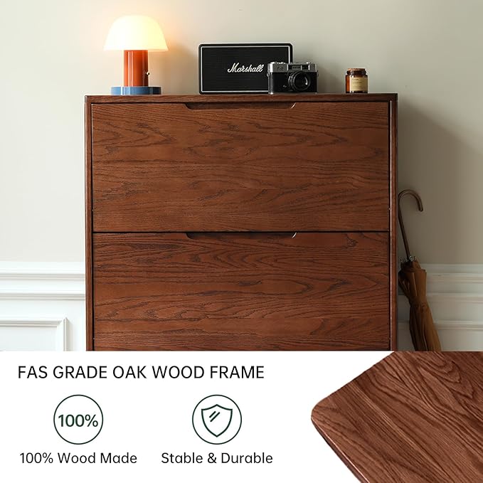 Fully-Assembled Oak Shoe Cabinet with 3 Flip Drawers, Solid Wood Shoe Storage Cabinet, Narrow Shoe Organizer for Entryway, 7.9" x 33.5" x 45.7", Oak Wood, Natural (Walnut)