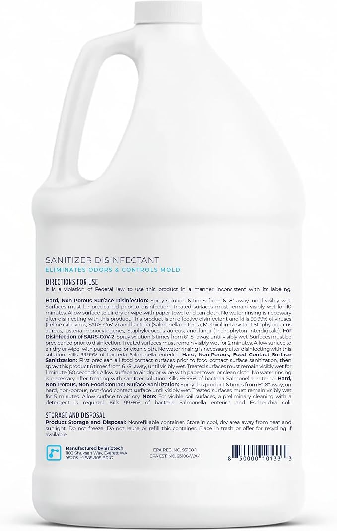 BRIOTECH Sanitizer Disinfectant Hypochlorous, Kill 99.99% of Viruses & Bacteria, Control Mold, Eliminate Odor, Gentle for Nursery & Play Rooms, Food Contact Surface Sanitizer, 1 Gallon Refill (4 Pack)