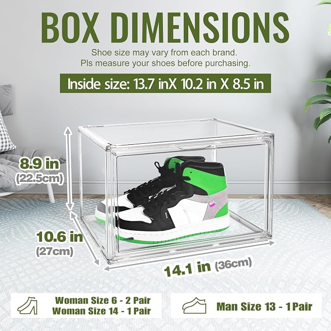 12 Clear Acrylic Shoe Box,Stackable Organizer for Everyday Footwear | Fits size 14 sneakers,casual shoes and athletic footwear.Clear acrylic design with magnetic door & dustproof storage. 12 Pack