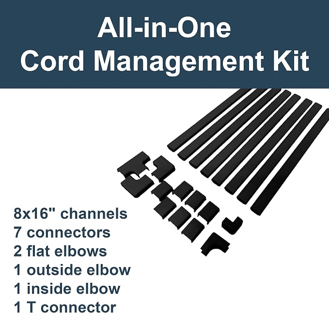 Legrand Wiremold C210SBK Cordmate II 128 Inch 20 Piece Cord Cover Kit, Organizer for Wall, Holds Up to 3 Cords or Cables, Sustainable Packaging, Black (1 Pack) | Cord Hider, On Wall, Self Adhesive, Hide up to 3 Cords, Cut to Size, Customizable, Cable C...
