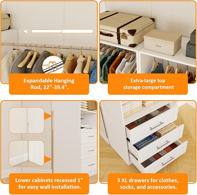 Closet System of 4 Sets, 8FT-20FT Closet Closet Organize System with 12 Wooden Drawers, 8 Hanging Rods & Shelves, Walk in Closet System Storage, Modular Closet System, White(8FT)