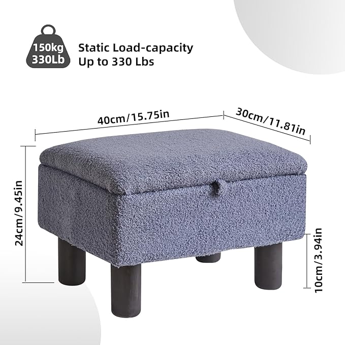 Aibiju Foot Rest for Couch, Foot Stool Ottoman with Wood Legs, Teddy Velvet Ottoman with Storage 16x12x9.5inch Flip Top Small Stool for Living Room Dorm Teddy Gray YD-JD136G