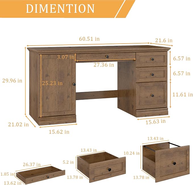 blini Large Farmhouse Executive Desk with Drawers，Wood Computer Desk，Embossed Texture Home Office Desk with File Cabinet Storage, Cable Management, Keyboard Tray，Working Table for Work Study Writing