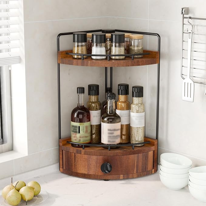 2-Tier Corner Bathroom Counter Organizer with Drawer, Acacia Wood-Brown | Embedded Screw Holes, Wooden Countertop Organizers, Space-Saving, Bottom Ventilation Design, Counter Shelf for Vanity