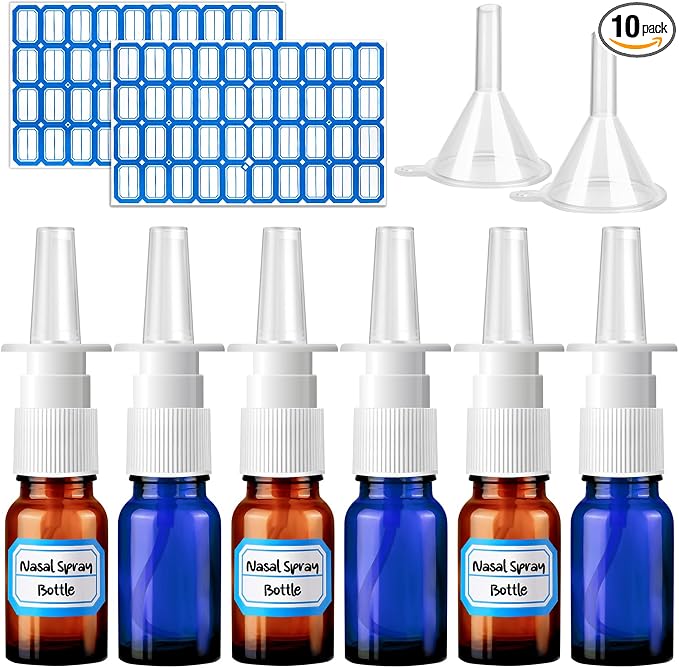10 Pcs Nasal Spray Bottle, 10ML/0.35OZ Glass Brown and Bule Nasal Spray Bottles Empty Refillable with 2 Funnels and 2 Labels