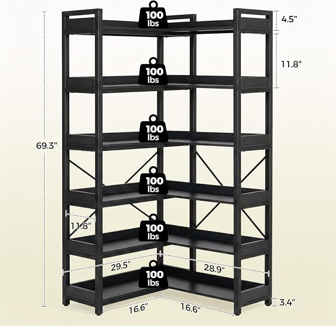 GTPLAYER 6-Tier Corner Bookshelf, L-Shaped Metal Frame Shelf with Tall 14" Shelves, Plant Stand and Storage Rack for Small Spaces, Living Room and Home Office, Black