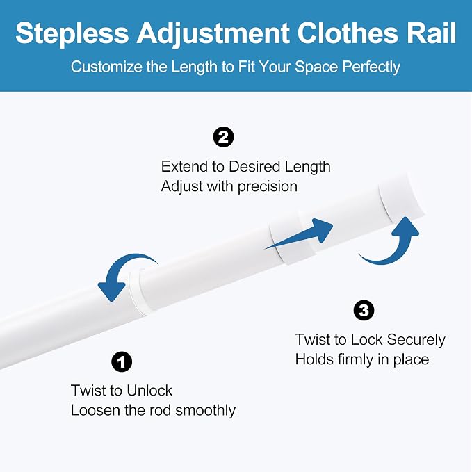Adjustable Closet Rod for Hanging Clothes, 17-54inch Heavy Duty Metal tension clothes rod，1.3Inches Closet Pole with Hardware Kit for Closet Organization Laundry Room RV, White