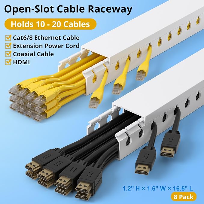 1.2" H x 1.6" W Cable Management Raceway, 132in Under Desk Channel, White | Slotted Wire Duct, 8Pack, 16.5in Each, Heavy-Duty PVC Cable Management for Server Racks, Network Cables & Electrical Cabinets