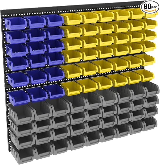 Wall Mounted Storage System 90PCS - Heavy-Duty Plastic Bins for Garage，Home, Closet & Bedroom Organization, Rack Holds Nuts, Bolts, Tools, Hardware