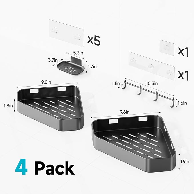 Veken Aluminum Corner Shower Caddy 4-Pack, Never Rust, No Drilling Adhesive Shelves, Stainless Rack with Soap Holder, Bathroom Organizers and Storage, Wall-Mounted Kitchen & Home Decor, Grey