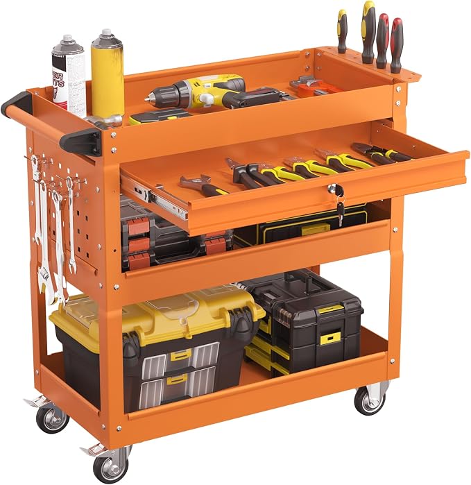 3 Tier Heavy Duty Rolling Tool Cart with Drawers, Large Storage Utility Cart on Wheels for Garage, Warehouse, Repair Shop (Orange)