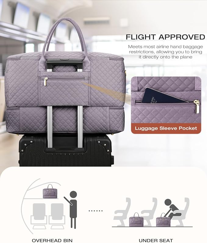 Travel Duffle Bag, Wide Open Large Weekender Bag for Women with Shoe Compartment, Carry on Overnight Bags with Toiletry Bag, Hospital Bag for Women Labor Delivery with Wet Pocket (Purple Grey)