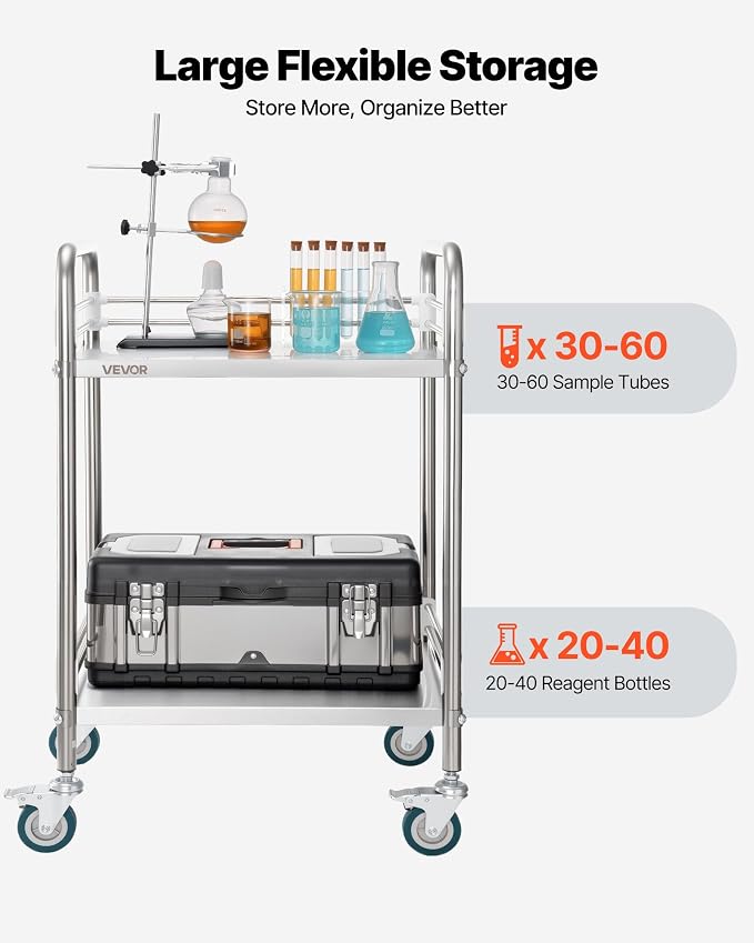 VEVOR Stainless Steel Rolling Cart, 2-Tier Metal Utility Cart with Lockable Wheels, Medical Serving Trolley Clinic Tray, Mobile Service Cart for Hospital, Lab, Restaurant, Kitchen, Salon