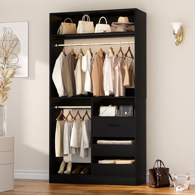 36 Inches Modular Closet Drawers System with Long Hanging Rods, 3FT Wood Closet Organiser with 3 Drawers, Walk-in Freestanding Wardrobe Storage Cabinet with 4 Shelves, Black (36"L x 15" W x 80" H)