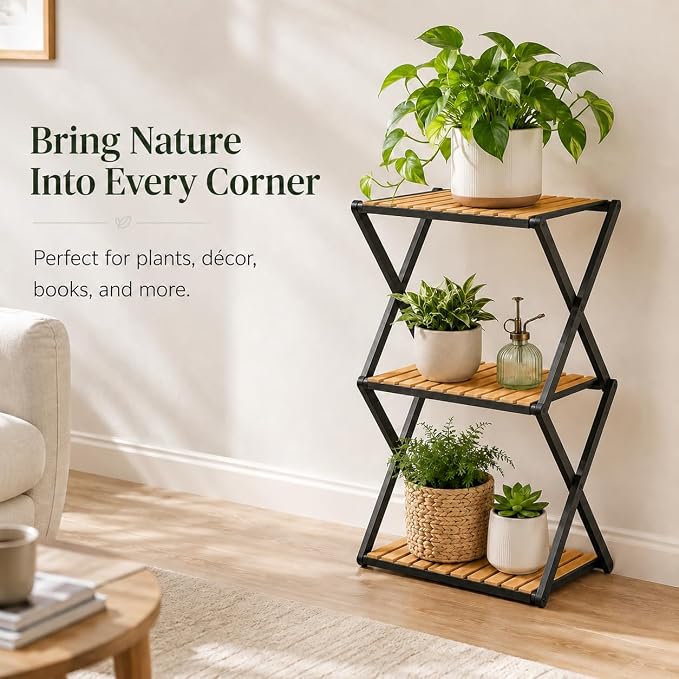 Foldable Bamboo Shoe Rack, 3-Tier Vertical Shoe Organizer for Small Spaces, Narrow Multifunctional Folding Shelf for Entryway, Closet, Bedroom, Hallway, Outdoor Camping & Plant Display-Black