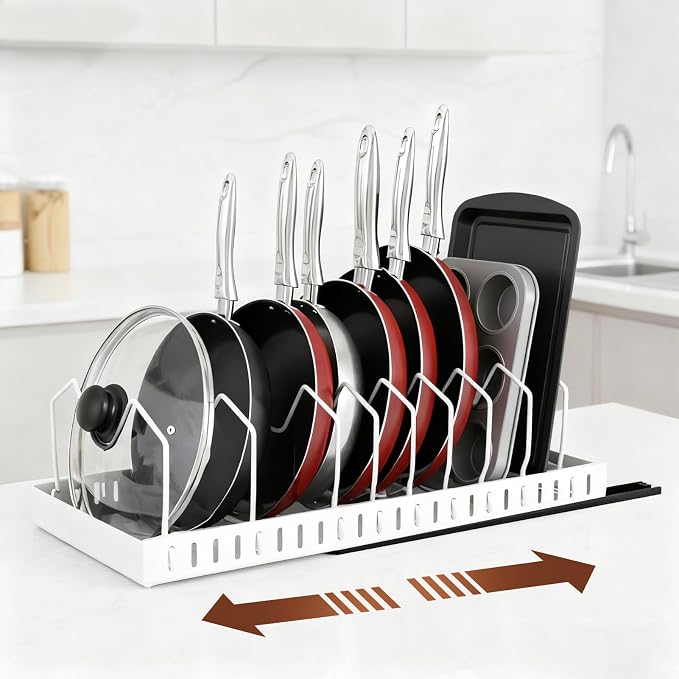 2 Pcs Pots and Pans Organizer Under Cabinet - Expandable Pull Out Cabinet Organizer for Pots and Pans, Pan and Lid Organizers Inside Cabinet, Adjustable Storage Rack, Carbon Steel (White)