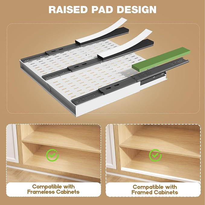 Seinloes 4 Pack Pull Out Cabinet Organizer With Raising Pad for Framed Cabinets,Expandable Width (13"-21") and Depth (17"-24"),3 Slide Rails Slide Out Drawers with Handle,No-Drill Roll Out Shelf,White