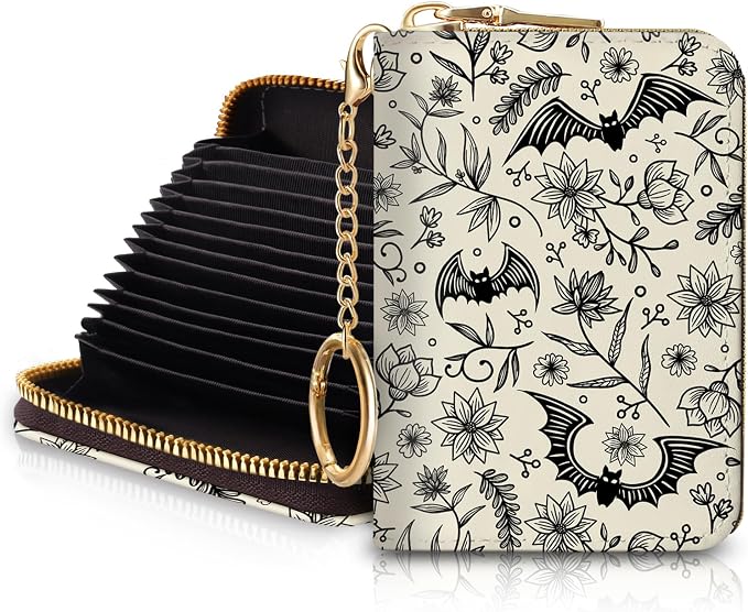 Blusabaca Goth Bat RFID Credit Card Holder, Small Women Travel Wallet | Vintage, Removable Keychain, Case Zipper, PU Leather, Cash Coin Pocket, Business Accordion Purse, Ladies Female Gift