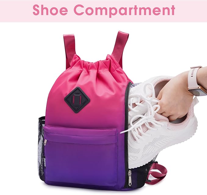 WANDF Drawstring Backpack with Shoe Compartment, Sports Gym Bag | Multi-Pocket Storage, Water-Resistant Fabric, Cinch String Bag