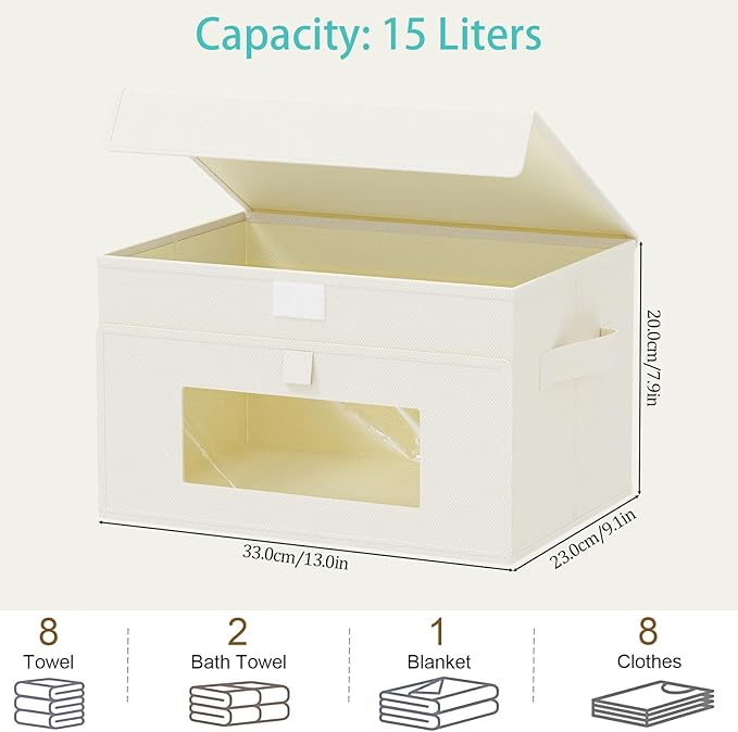 Transparent Window Storage Bin, Cube Organizer Basket with Flip-Top Lid and 2 Handles, Decorative Boxes with Cover, 4 Pack, Beige, 13 x 9 x 7.9 In, XSNY17BEM-4