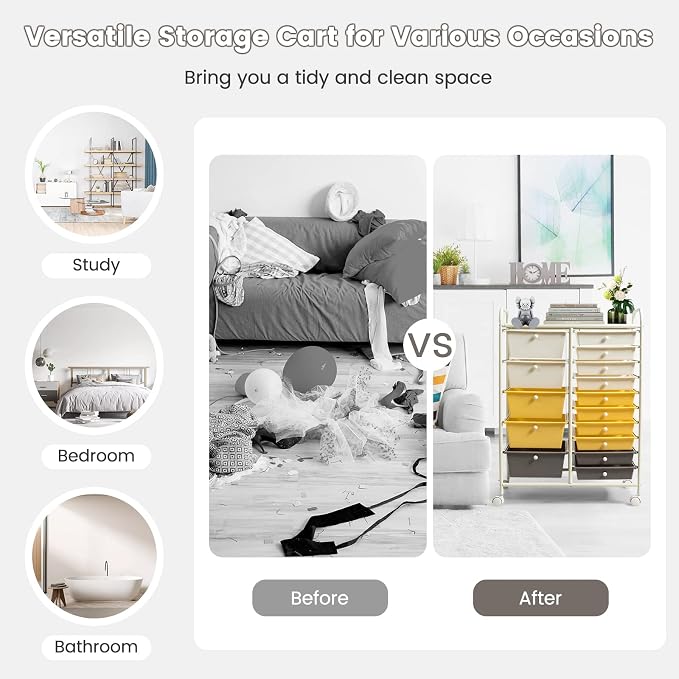 COSTWAY 15 Drawer Rolling Storage Cart, Mobile Storage Organizer | Removable Drawers & Metal Frame, Multipurpose Utility Tools Paper Organizer on Wheels for Home, Office (Yellow, Beige & Grey)