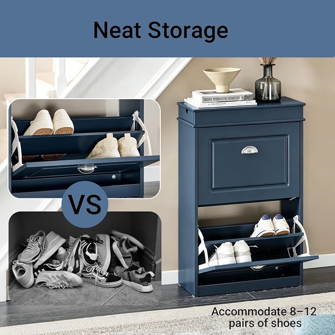 Haotian Slim Shoe Cabinet | Shoe Storage Cupboard Organizer Unit for Entryway 2 Flip-Drawers, Hallway and Bedroom Navy FSR78-B
