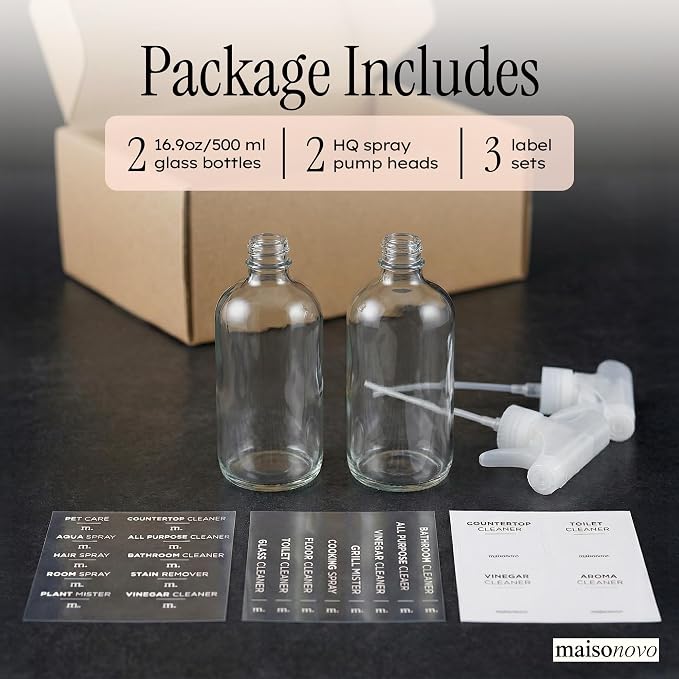 MAISONOVO Clear Glass Spray Bottle 16.9 oz Pack of 2 - Clear Spray Bottles for Plants with Fortified Glass & Fine Mist - Ideal for Plant Care, Gardening, Misting, Seedlings & Indoor Plants - 16 Labels