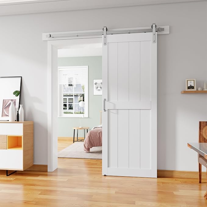 28''x84'' Sliding Barn Door with 5 Ft Brushed Nickel Hardware Kit | Pre-Drilled Holes Easy Assembly - Include Installation Manual, Water-Proof PVC Surface, H-Frame, White
