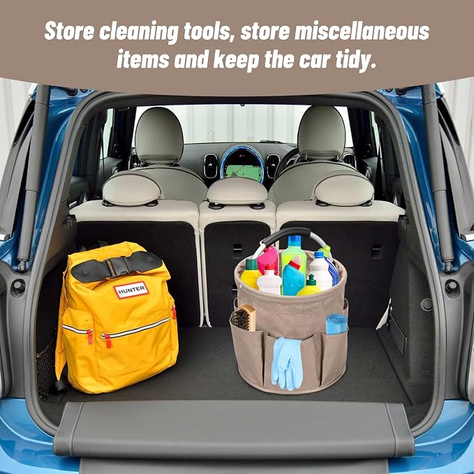 Qivine 17L Cleaning Caddy with Handle, Cleaning Supply Caddy, Foldable Tool Bag Cleaning Products Organizer, Portable Cleaning Bucket Caddy for Cleaning Supplies (Khaki)