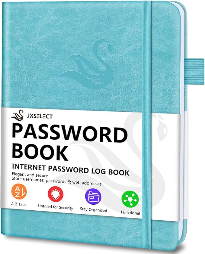 Elegant Password Book with Alphabetical Tabs - Hardcover Password Book for Internet Website Address Login - 7" x 10" Password Keeper and Organizer w/Notes Section & Back Pocket (Turquoise)