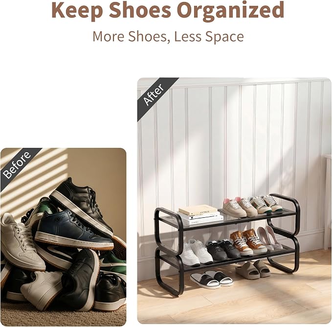 2 Tier Shoe Rack - Expandable Shoe Organizer for Closet, Adjustable Metal Shoe Shelf Storage, Stackable Long Shoe Stand Holder for Garage, Entryway, Door Entrance