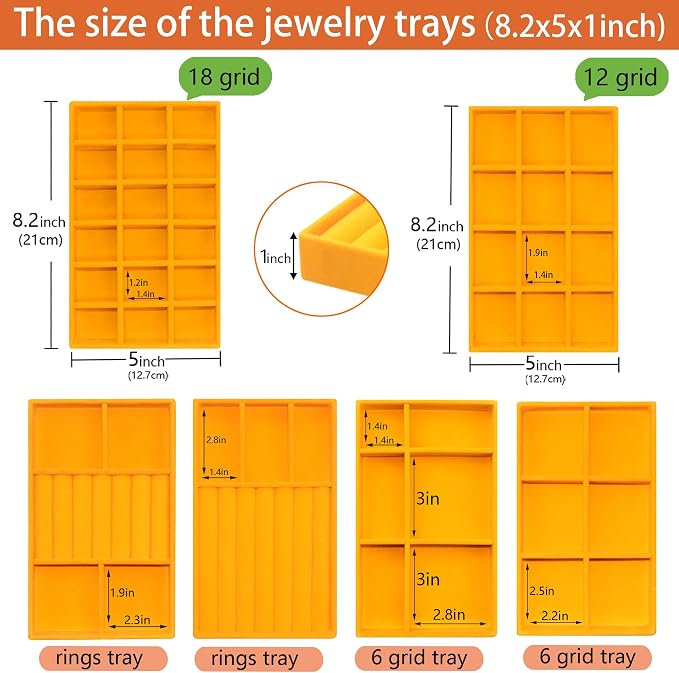 Set of 8 Stackable Velvet Jewelry Trays Organizer Jewelry Display Storage Box Dresser Drawer Organizer for Earring Necklace Bracelet Ring Accessary