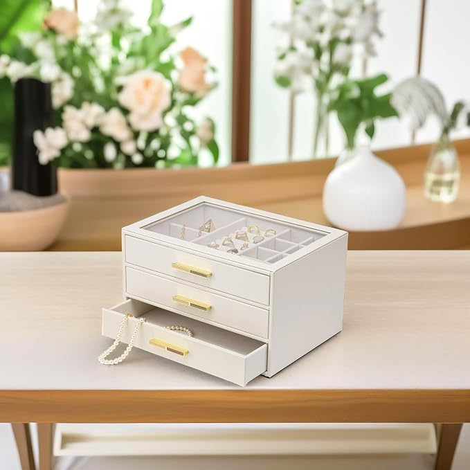 VLANDO 3-Drawer Jewelry Box with Glass Lid, Faux Leather Organizer for Rings Earrings Necklaces and More, Gift-Ready Jewelry Case for Women Girls or Moms, Beige