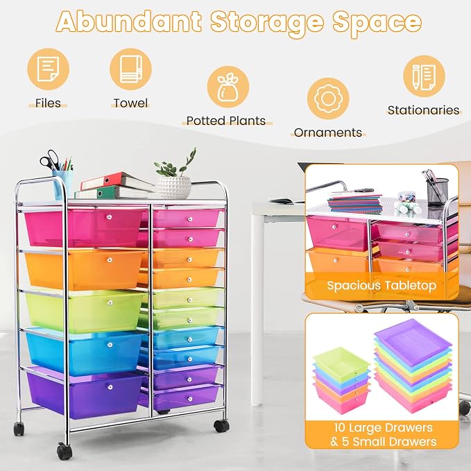 COSTWAY 15 Drawer Rolling Storage Cart, Mobile Storage Organizer | Removable Drawers & Metal Frame, Multipurpose Utility Tools Paper Organizer on Wheels for Home, Office (Rainbow)