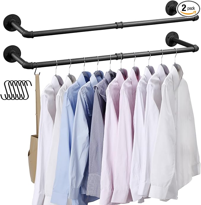 Industrial Pipe Clothes Rack Wall Mounted Clothing Rack Set of 2,38.2 Inches Heavy Duty Iron Garment Rail,Space-Saving Hanging Rod for Laundry Room,Bedroom,Closet Storage