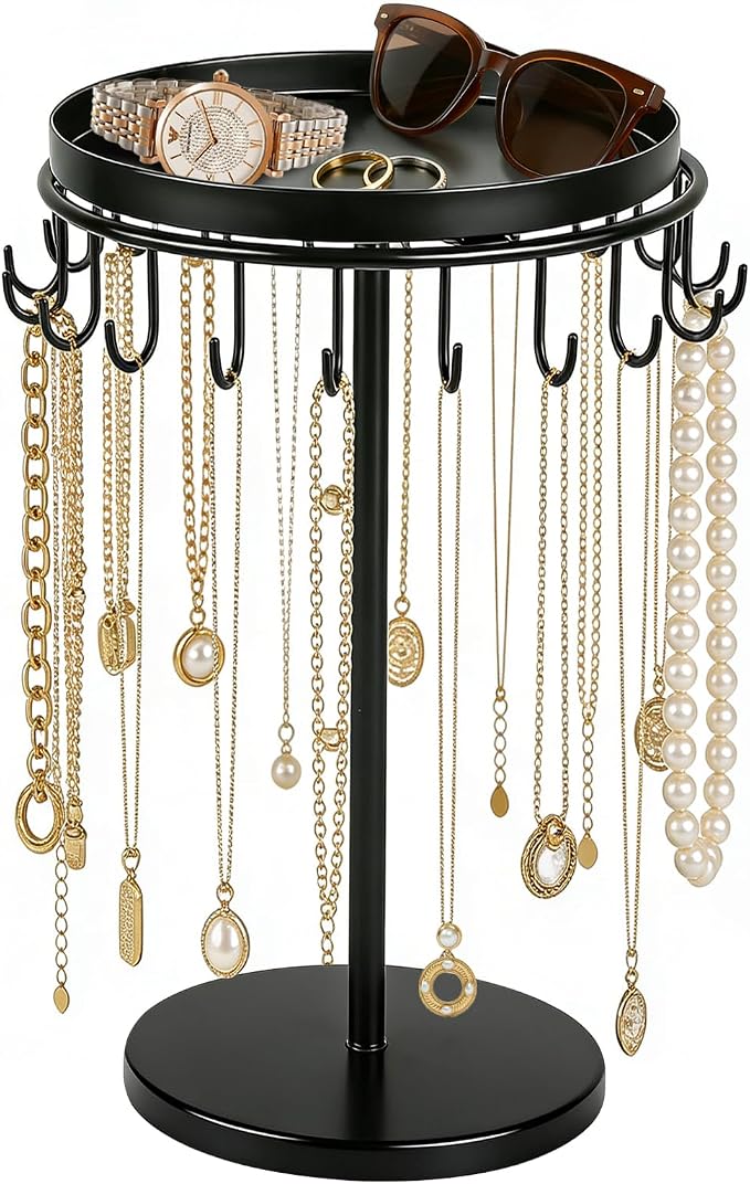 Necklace Holder Metal Jewelry Organizer Stand, Necklace Organizer Hanger with Tray & Hooks for Desk, Jewelry Holder for Necklaces Bracelets and Keychains, Elegant Home Hanging Decor - Black