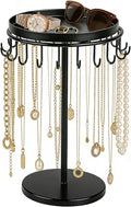 Necklace Holder Metal Jewelry Organizer Stand, Necklace Organizer Hanger with Tray & Hooks for Desk, Jewelry Holder for Necklaces Bracelets and Keychains, Elegant Home Hanging Decor - Black