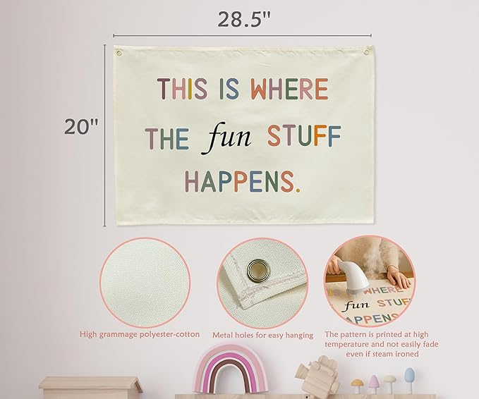 Playroom Wall Decor-Boho Rectangular Canvas Banner Flags for Kids Boys Girls,Playroom Game Room Décor-Birthday Christmas Gift -This is Where The Fun Stuff Happen-28.5x20 Inches