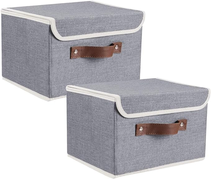 2Pack Storage Bins Boxes with Lids 10" x 8" x 7" Decorative Storage Baskets | Cotton Linen Fabric, Collapsible, Faux Leather Handles, Storage Cubes, Closet Shelf Clothes Organizer Container, Grey