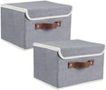 2Pack Storage Bins Boxes with Lids 10" x 8" x 7" Decorative Storage Baskets | Cotton Linen Fabric, Collapsible, Faux Leather Handles, Storage Cubes, Closet Shelf Clothes Organizer Container, Grey